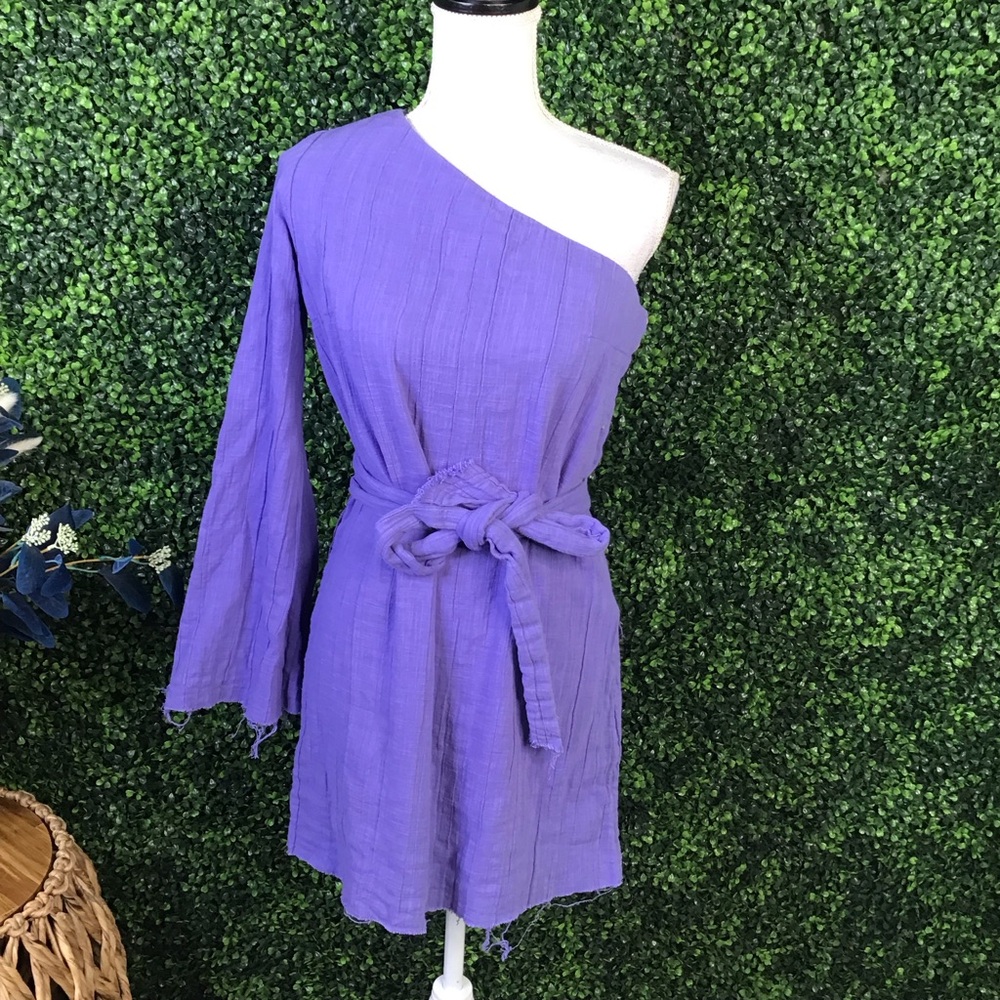 Free People Purple One-Shoulder belted raw hem Mini Dress 100% cotton